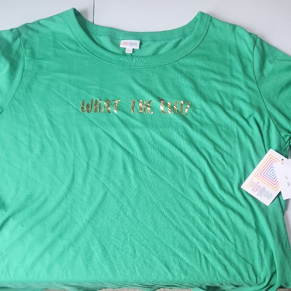 LuLaRoe Liv T Green Top with Colorful Logo Christmas Edition